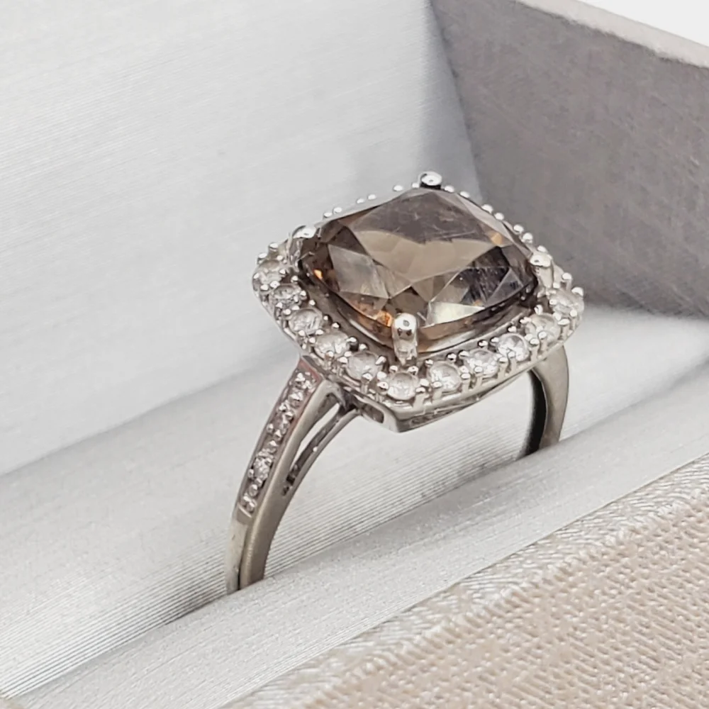 10K Solid White Gold Smoky Quartz, Diamond & White Topaz Halo Ring